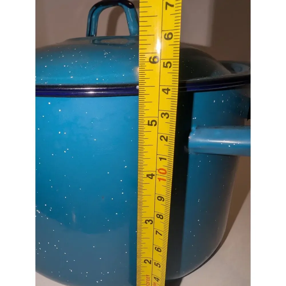 Vintage BLUE Speckled Enamelware Large Stock Pot Domed Lid Perfect For Camping